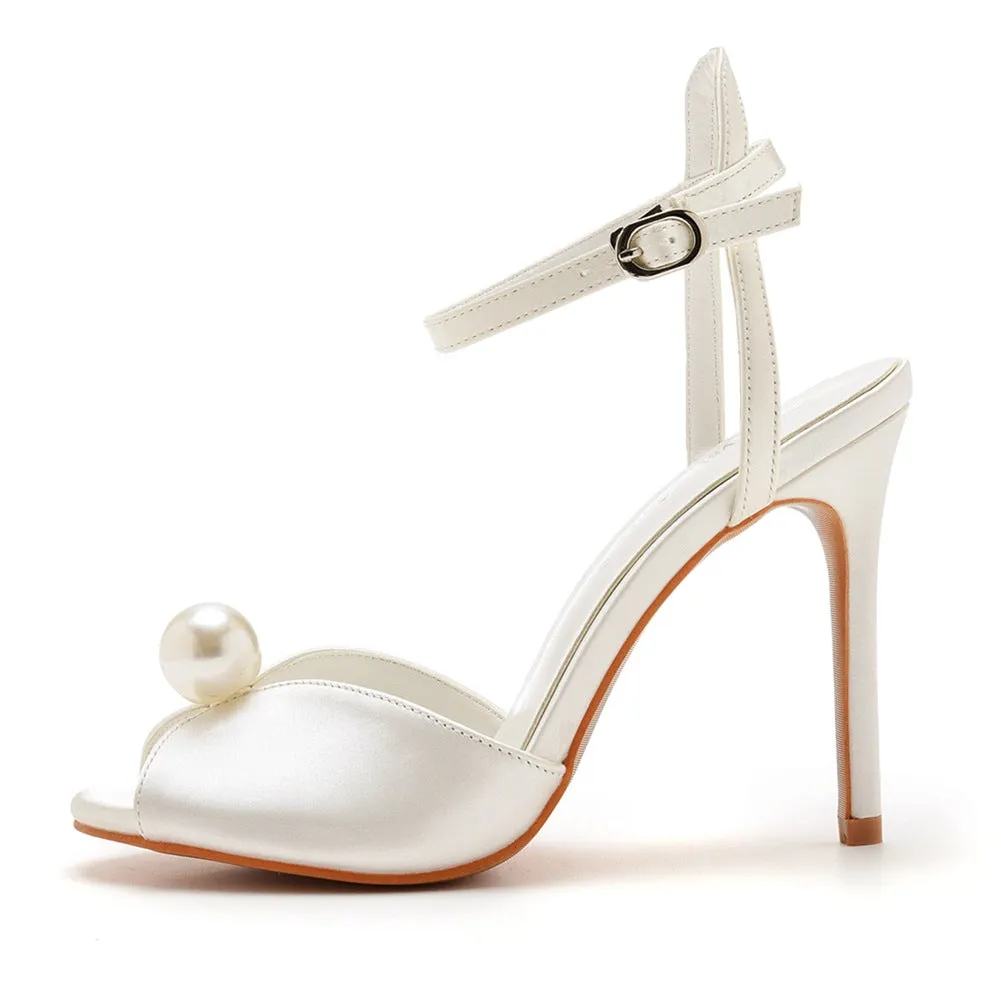 Peep Toe Satin Pearl Ankle Strap Buckle Ultra High Heels