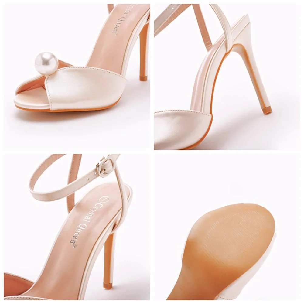 Peep Toe Satin Pearl Ankle Strap Buckle Ultra High Heels