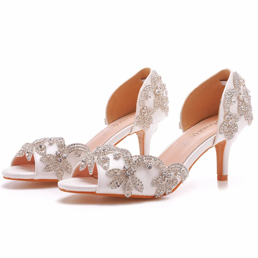 Peep Toe Satin Rhinestone Slip On High Heel