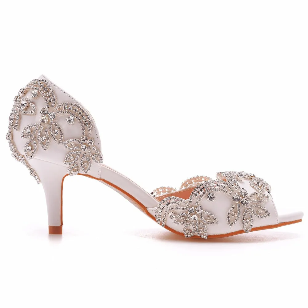 Peep Toe Satin Rhinestone Slip On High Heel