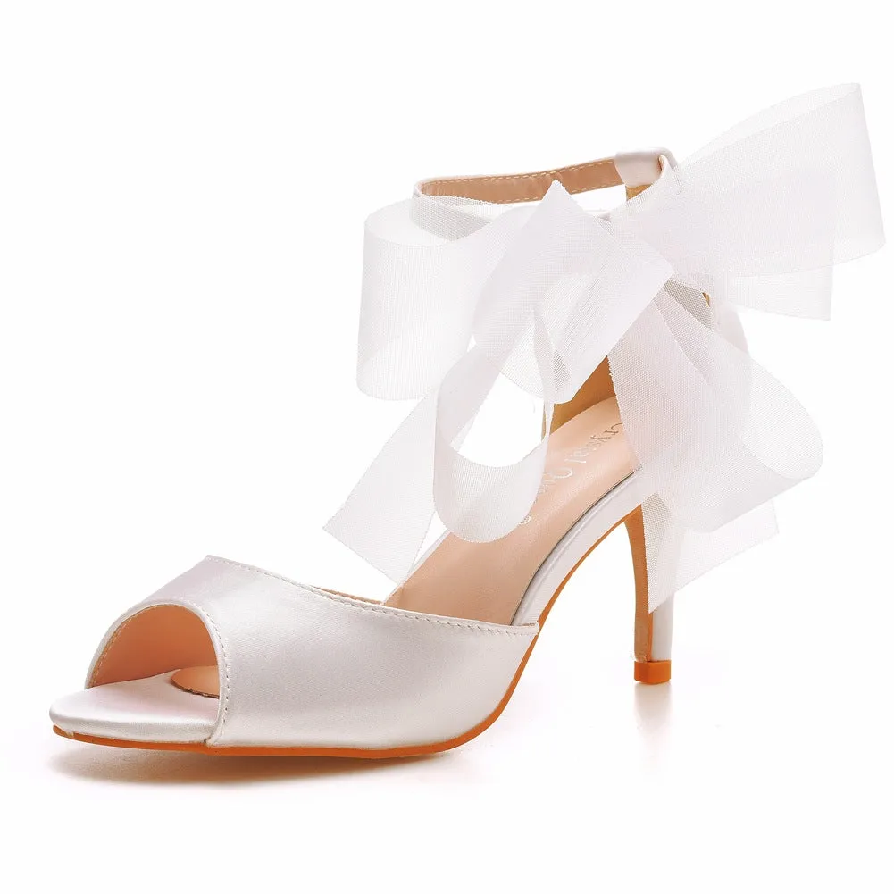 Peep Toe Satin Ribbon Tie Ankle Strap High Heel