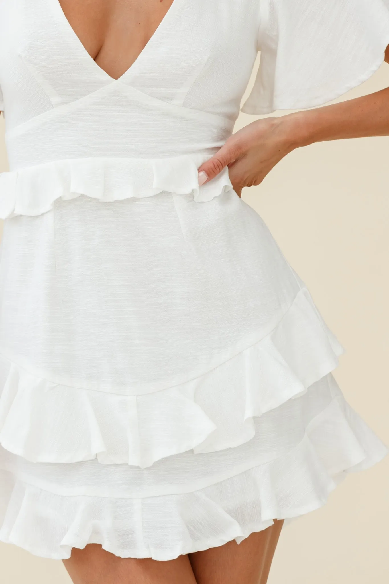 Queenie Angel Sleeve Ruffle Trim Dress White