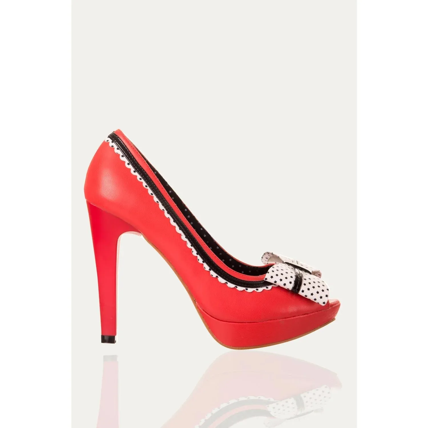 Red Patent Peep Toe Platform Heels With Star Print Bow Detail