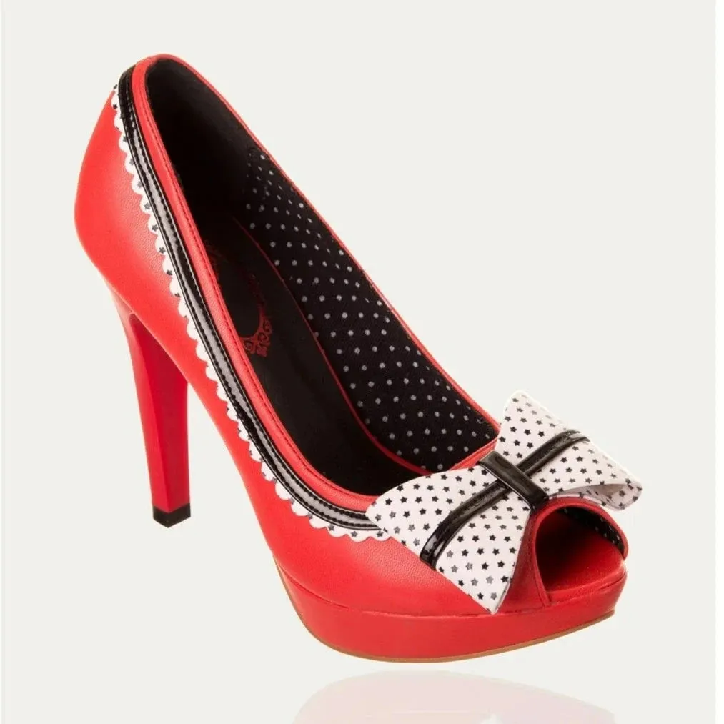 Red Patent Peep Toe Platform Heels With Star Print Bow Detail