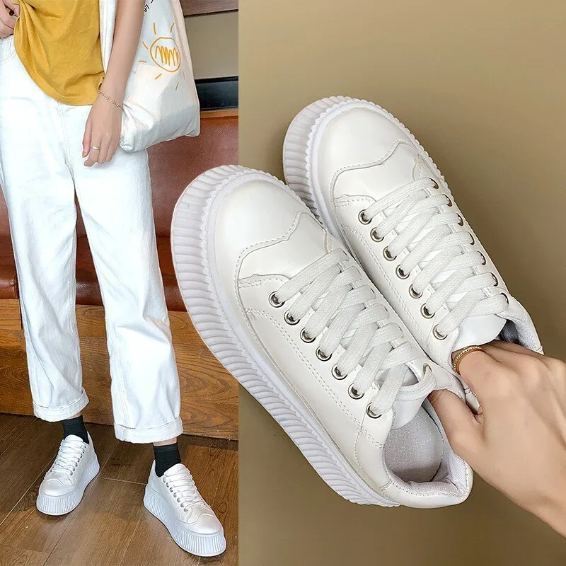 Rimocy Chunky Heels Platform Sneakers Women Laser Lace-up Thick Bottom Vulcanize Shoes Woman  Spring Comfort Casual Shoes