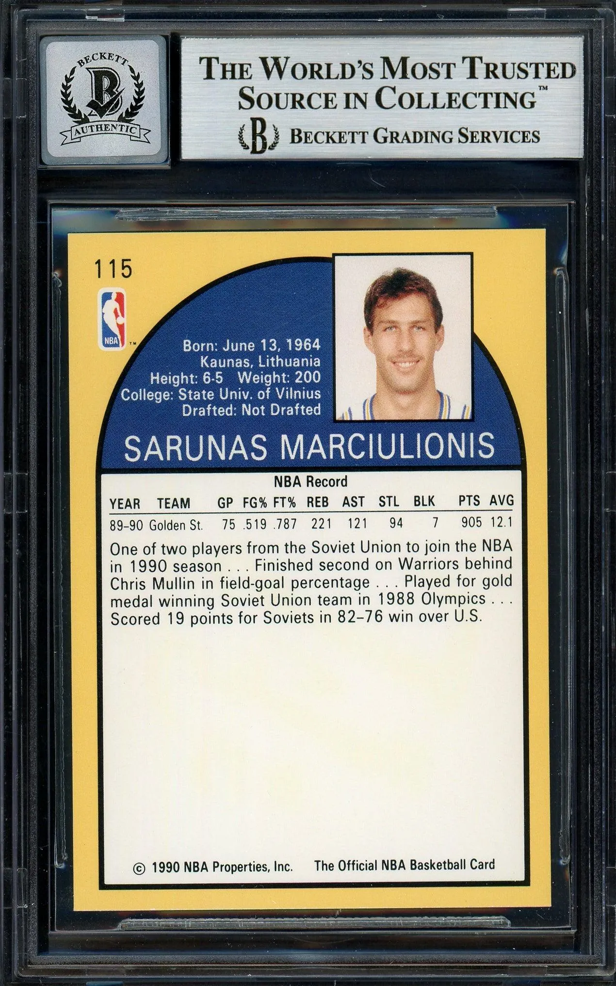 Sarunas Marciulionis Autographed 1990-91 Hoops Rookie Card #115 Golden State Warriors Auto Grade Gem Mint 10 Beckett BAS #13016618