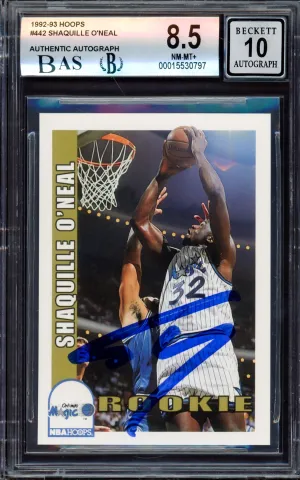 Shaquille "Shaq" O'Neal Autographed 1992-93 Hoops Rookie Card #442 Orlando Magic BGS 8.5 Auto Grade Gem Mint 10 Beckett BAS Stock #214856