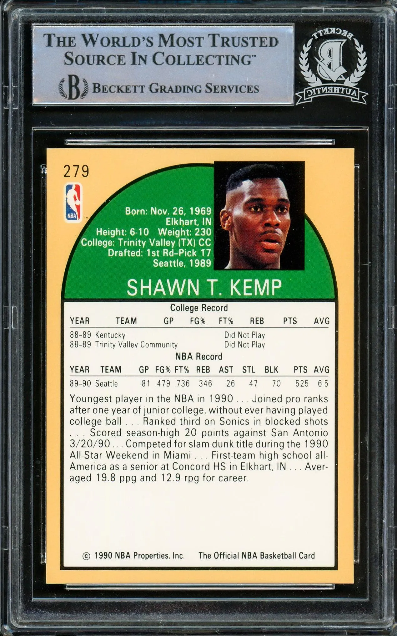 Shawn Kemp Autographed 1990 Hoops Rookie Card #279 Seattle Supersonics Beckett BAS Stock #206662