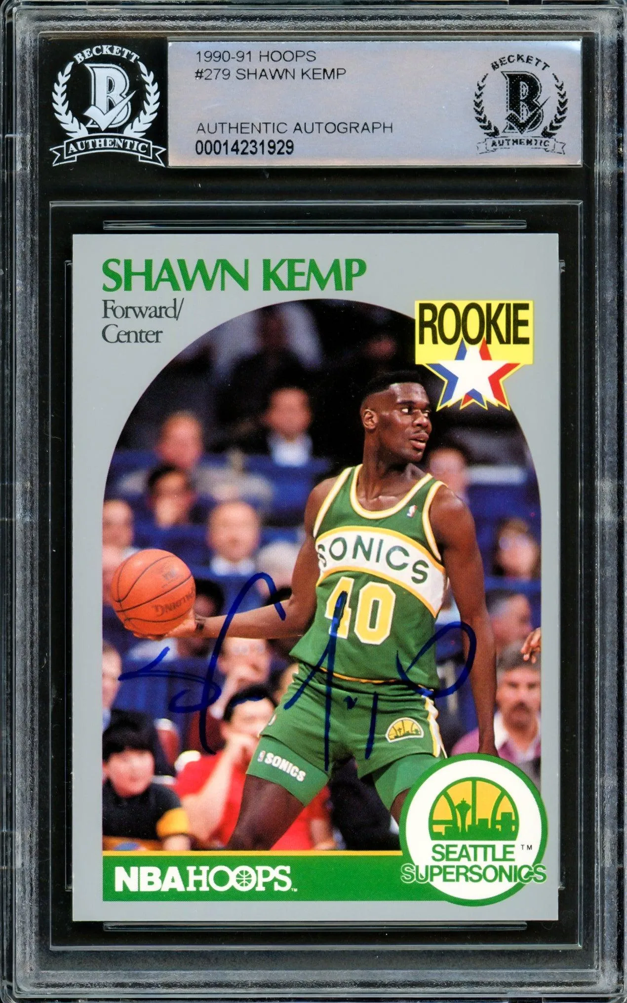 Shawn Kemp Autographed 1990 Hoops Rookie Card #279 Seattle Supersonics Beckett BAS Stock #206662