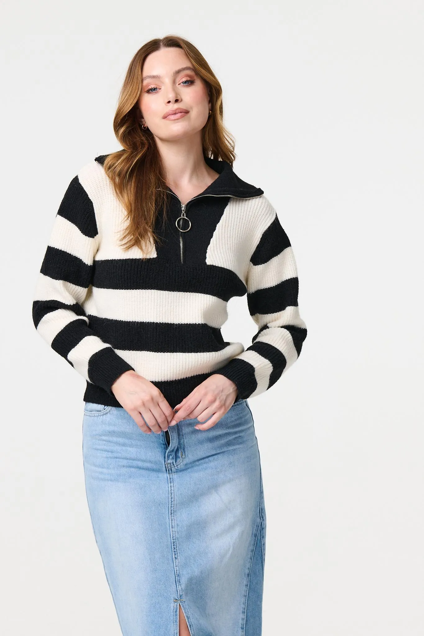 Striped Knit 1/4 Zip High Neck Pullover