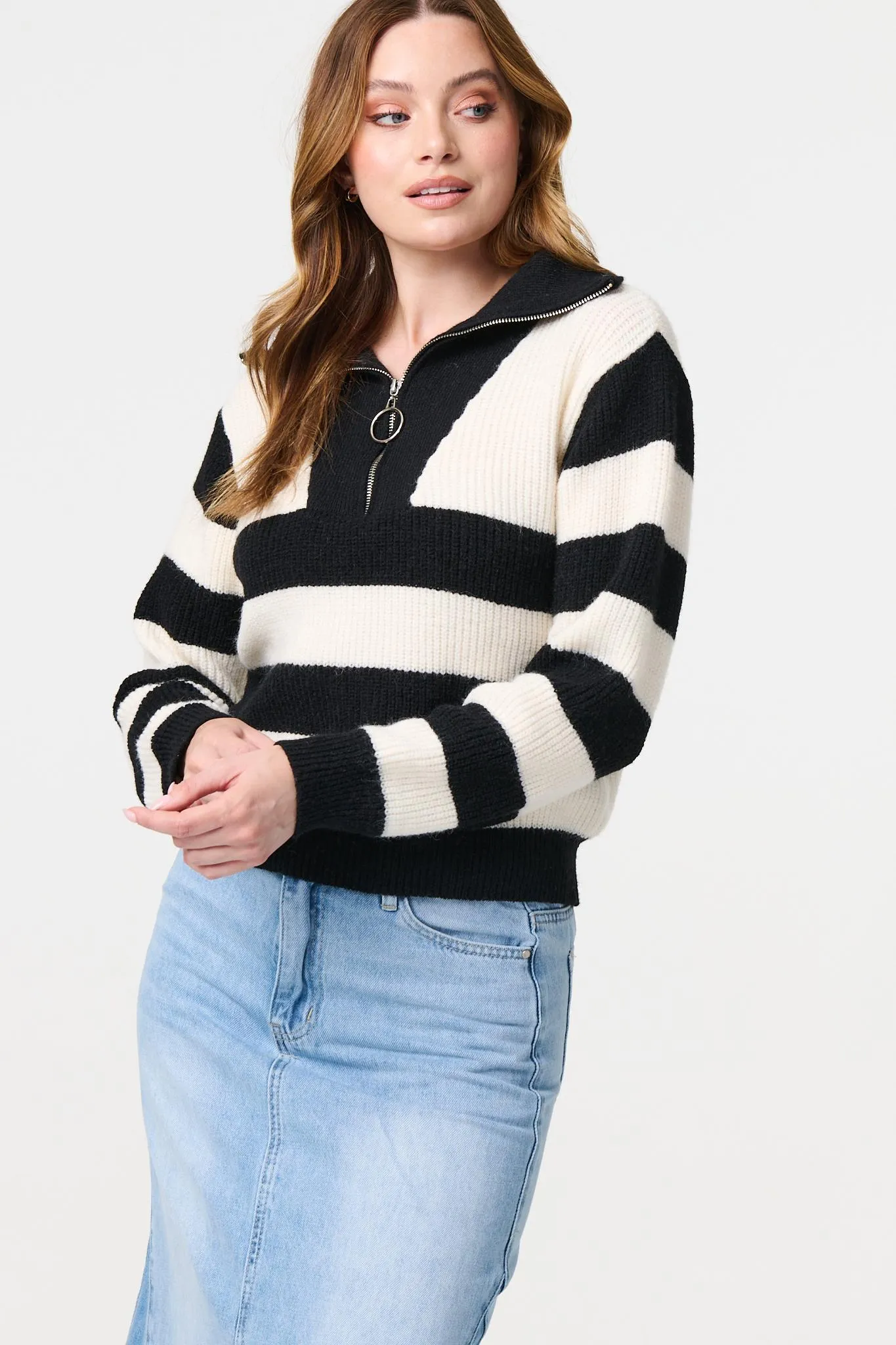 Striped Knit 1/4 Zip High Neck Pullover