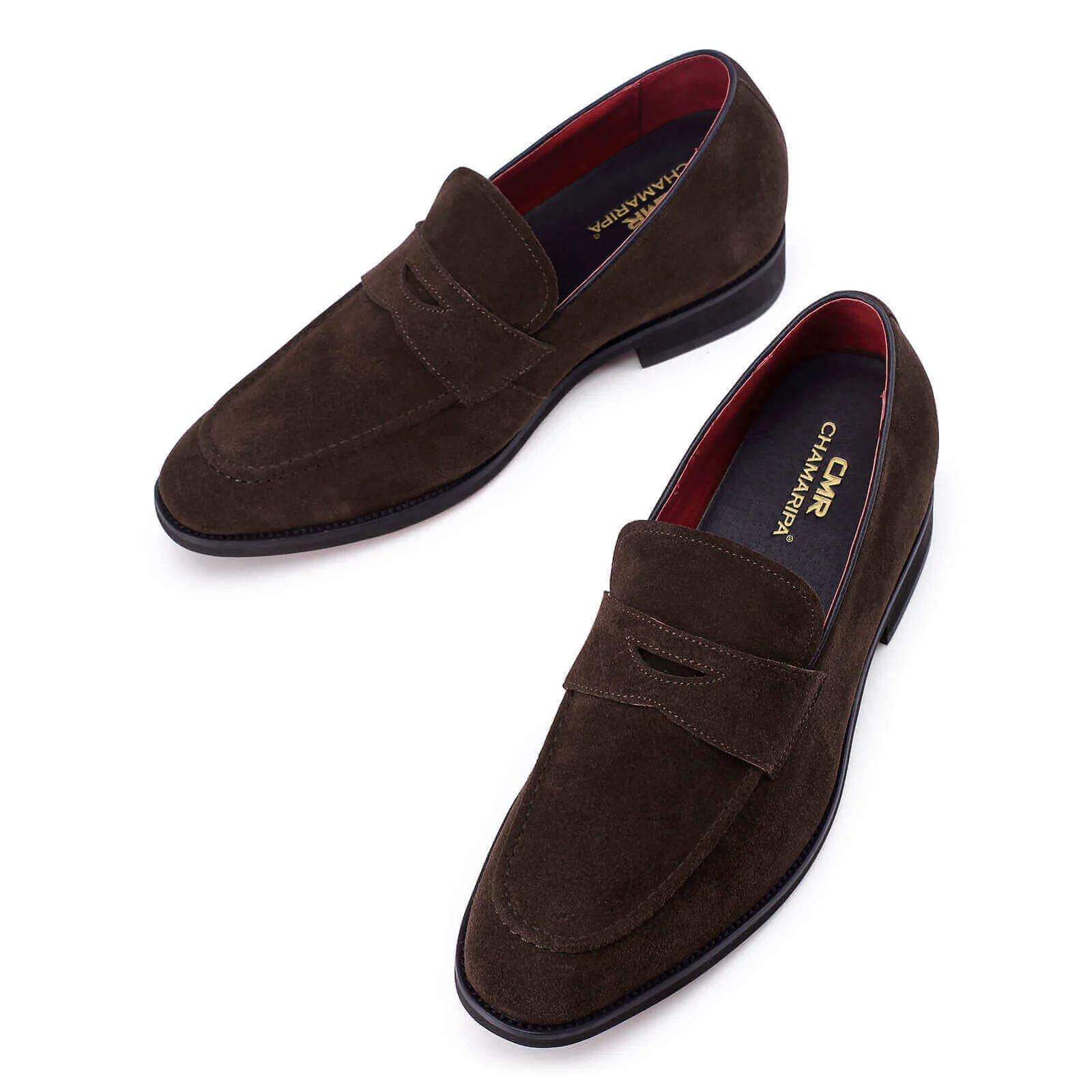 This item only ships to the United States - 6 CM/ 2.36 Inches Taller - CMR CHAMARIPA - Hidden Heel Shoes For Men - Men's Elevator Shoes - Brown Suede Leather Penny Loafer