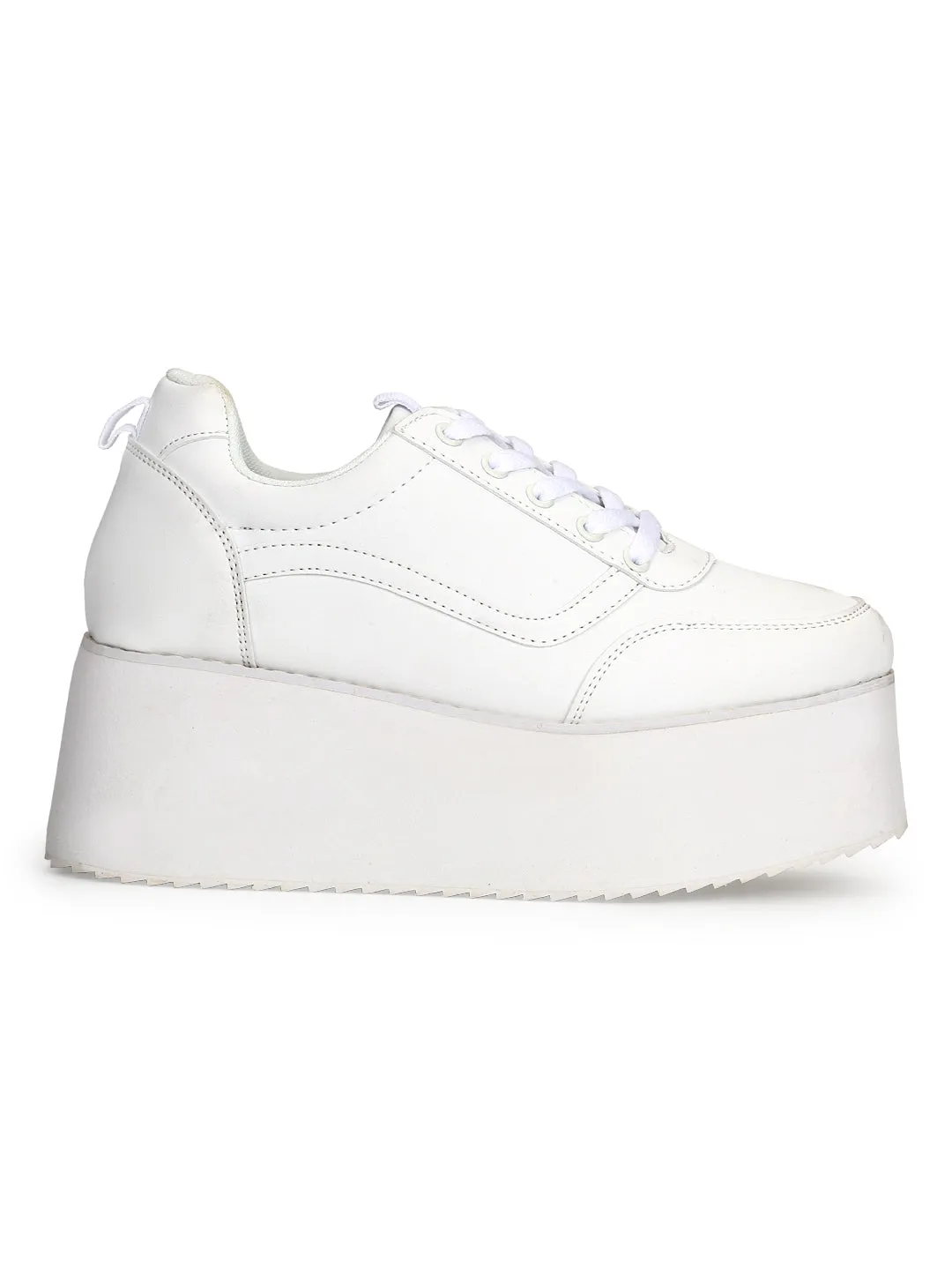 White PU Lace-Up Flatform Sneakers