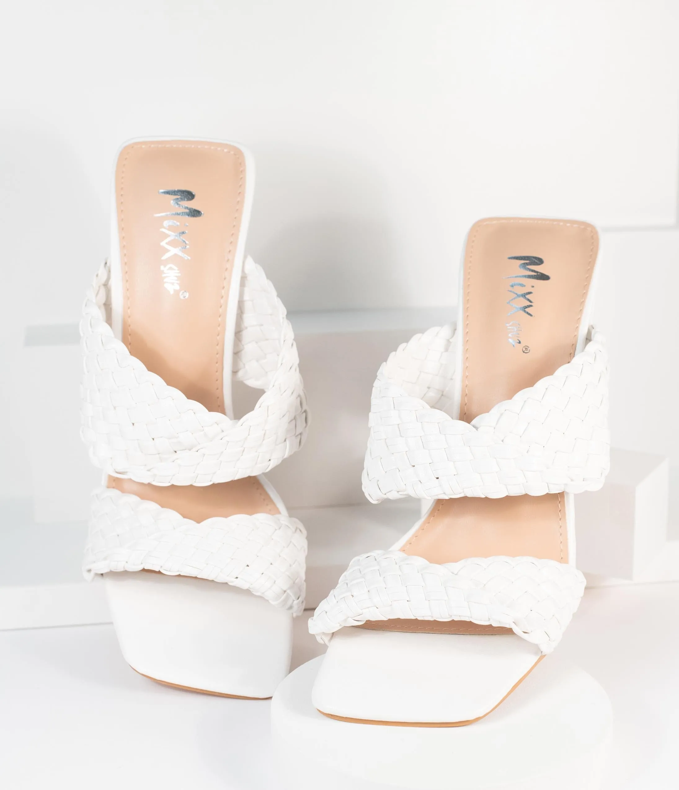 White Woven Leatherette Peep Toe Heels