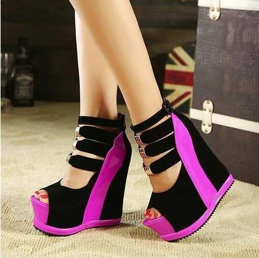 Woman Shoes   Summer Genuine Women Platform Thick Soles Sandals Wedges High Heel 14cm Peep Toe Mixed Colors   Shoes