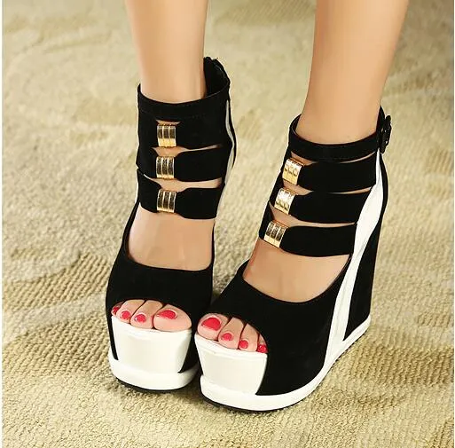 Woman Shoes   Summer Genuine Women Platform Thick Soles Sandals Wedges High Heel 14cm Peep Toe Mixed Colors   Shoes