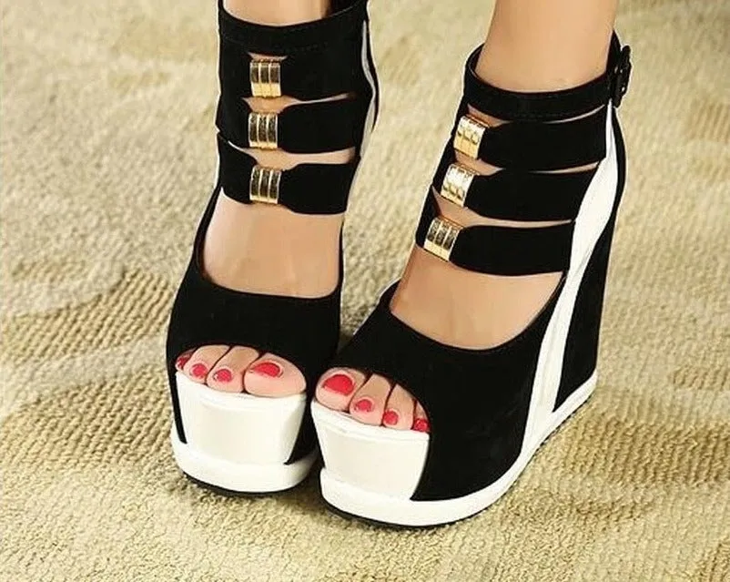 Woman Shoes   Summer Genuine Women Platform Thick Soles Sandals Wedges High Heel 14cm Peep Toe Mixed Colors   Shoes