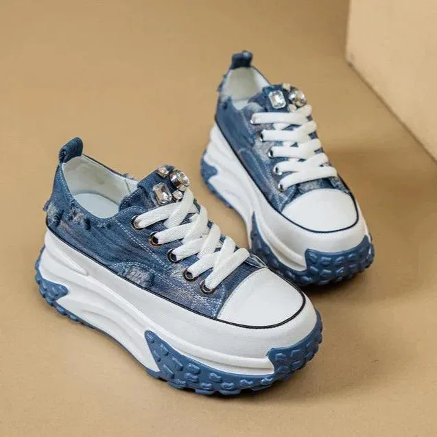 Women's Casual Shoes - Denim Leather Wedge Sneakers - 2289