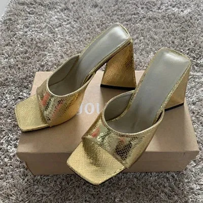 Women's Gold Leather High Heel Peep Toe Slippers - Summer Party Sandal Dress Slides