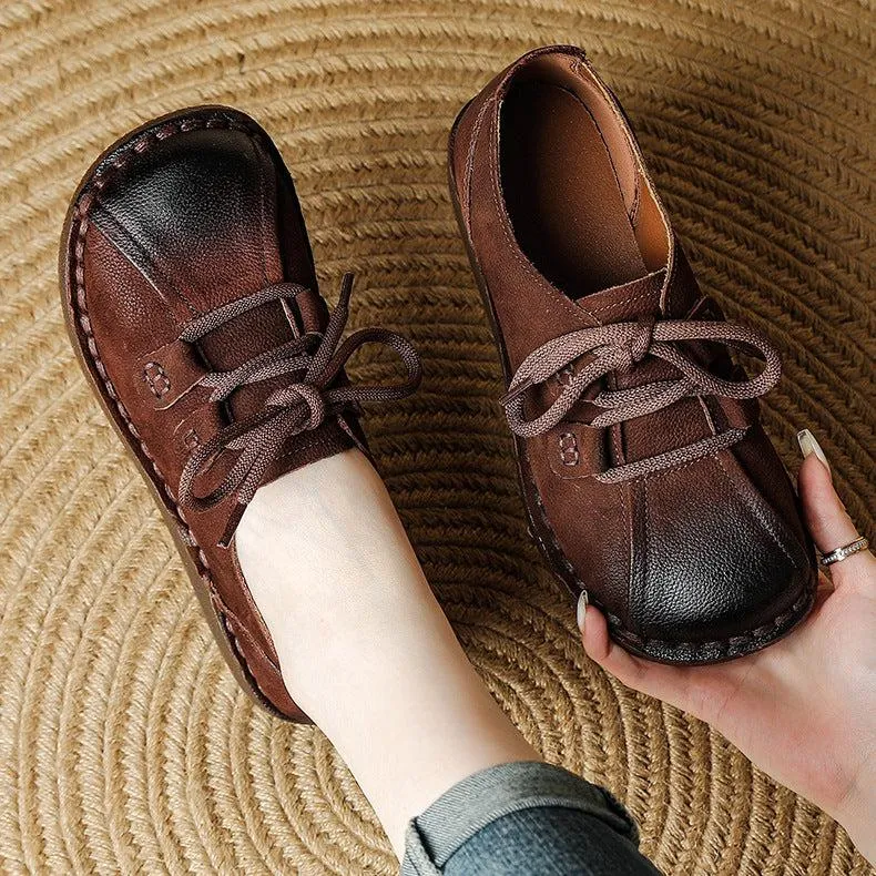 Women's Head Layer Cowhide Leather Soft Sole Casual Lace Up Flat Shoes