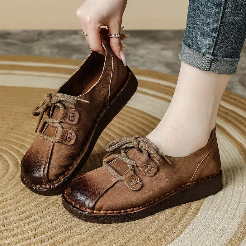 Women's Head Layer Cowhide Leather Soft Sole Casual Lace Up Flat Shoes