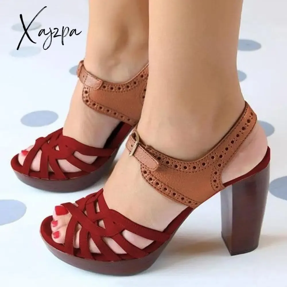 Xajzpa - Peep Toe Chunky Heel PU Casual Buckle Sandals