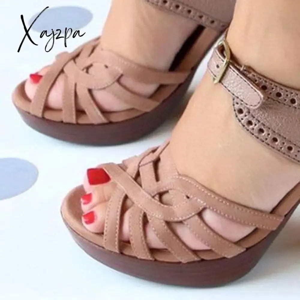 Xajzpa - Peep Toe Chunky Heel PU Casual Buckle Sandals